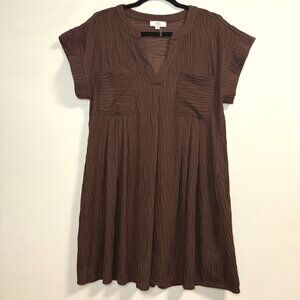 Crinkle Textured Brown Short Sleeve Dress Pockets Lined by Entro Size Women's M